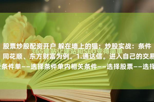 股票炒股配资开户 躲在墙上的猫：炒股实战：条件挂单的设置！以通达信、同花顺、东方财富为例。1.通达信。进入自己的交易界面，选择云条件单——选择条件单内相关条件——选择股票——选择成交时间、股价等。2.同花顺。打开...